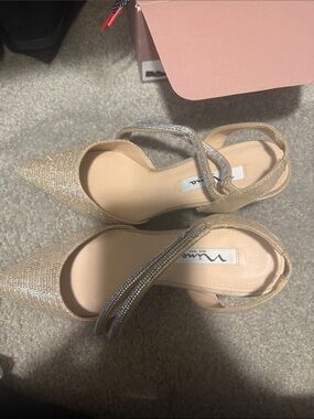 MIA Champagne Gold Pointed Slingback Heels with Rhinestone Straps